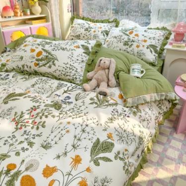 Imagem de Conjunto de edredom solteiro GG com flores fofas e botânicas com babados chiques, verde, floral, 2 fronhas, romântico, princesa, para meninas adolescentes