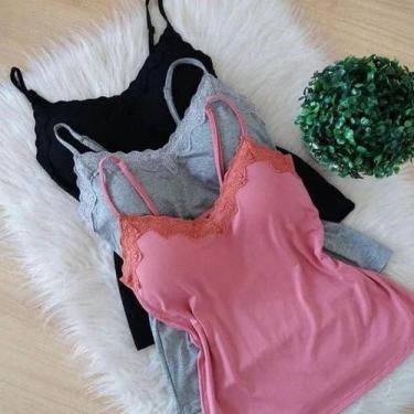 Imagem de Blusa viscolaycra feminina rendinha no decote com bojo alçinha - Filó 