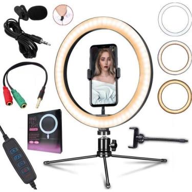 Imagem de Kit Microfone de Lapela + Luz Iluminador Anel Led Ring Light Tripé de 