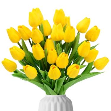 Imagem de 24 peças de flores artificiais de tulipas amarelas, flores artificiais de seda de 34 cm, tulipas falsas para primavera, dia das mães, Páscoa, dia dos namorados, presentes em casa, cozinha, casamento