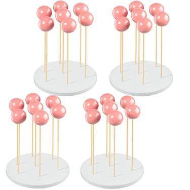 Imagem de Suporte para bolo redondo de madeira 4 peças Suporte para pirulito de 7 furos Suporte de exibição rústico para pirulito de madeira Suporte de pirulito branco Suportes de sucção de doces para casamento, chuveiro, artigos para festas de aniversário