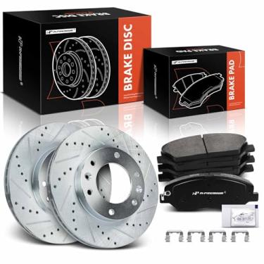 Imagem de A-Premium Kit De Rotores Freio A Disco Dianteiros Perfurados E Ranhurados 11,74 Pol. (298,20 Mm) + Pastilhas Cerâmica Compatíveis Com Modelos Selecionados Da Kia Hyundai - Sedona 2006-2012/2014, Ent