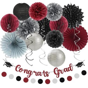 Imagem de Hugtmr Festa De Formatura 2025 - Decorações Banners E Serpentinas 21 Peças, Bordô, Preto Prata, Decoração Fundo Para Formatura, Guirlanda Borlas, Pompons Tecido Em Formato Favo Mel, Leques Lanterna
