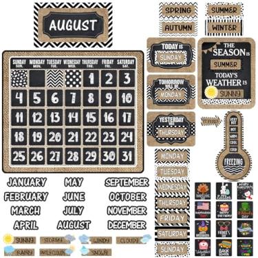 Imagem de Cholemy Conjunto de quadro de avisos de 85 peças, calendário de sala de aula, quadro de avisos com números, mês, clima e sala de aula, decoração de parede para quadro-negro, material escolar (rústico)