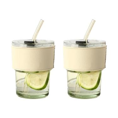 Imagem de JRIQH Pacote com 2 garrafas de água de vidro de 400 ml com canudo e tampa, copo de copos de café gelado, caneca de café gelada, copo de vidro isolado com manga de silicone (branco)