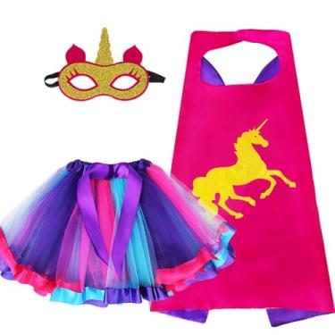 Imagem de D.Q.Z Capa e máscara tutuu de super-herói arco-íris para meninas, fantasia de unicórnio, lembrancinhas de festa de aniversário de princesa (rosa)