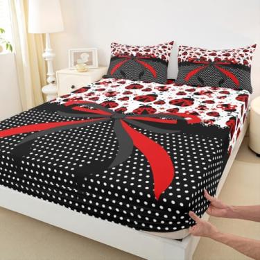 Imagem de Jogo de cama solteiro solteiro com laço vermelho e preto, joaninha, besouro, inseto, decoração de quarto de meninas, meninos, gravata borboleta geométrica de bolinhas, 1 fronha (sem plana)