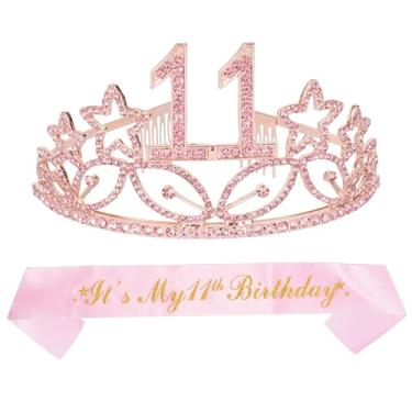 Imagem de Presentes de aniversário de 11 anos para meninas, tiara de 11º aniversário e rosa faixa, suprimentos de festa de aniversário de 11 anos felizes, 11 e fabulosa faixa de cetim com glitter e coroa de aniversário de tiara de cristal para suprimentos de festa de 11 anos