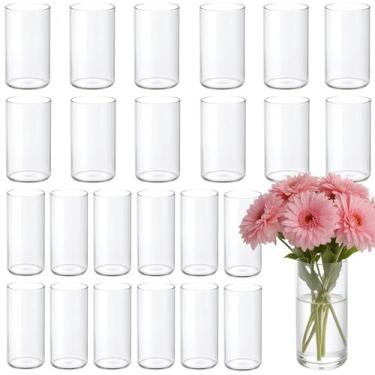 Imagem de Pacote com 24 vasos de vidro de 20 cm, vaso de vidro transparente, vasos cilíndricos de flores a granel para centros de mesa, decoração de casamento em casa