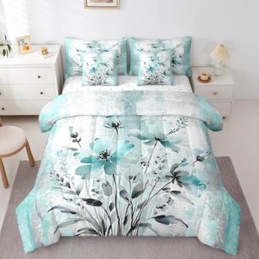 Imagem de Erosebridal Jogo de cama Queen com flores em aquarela para mulheres adultas, conjunto de edredom com pintura a óleo abstrata macia rústica para decoração de quarto de fazenda, azul turquesa e cinza