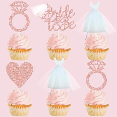 Imagem de 24 pecas de chapeu de coco para cha de panela, brilho cintilante rosa ouro noiva futura, anel de diamante, chapeu de coco para cupcake de casamento de noivado, festa de despedida de solteira, cha de panela