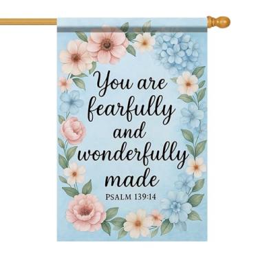 Imagem de Starlit Patio Bandeira de casa cristã 71 x 101 cm You Are Fearfully And Wonderfully Made bandeira de jardim salmo 139:14 coroa floral dupla face banner pátio exterior varanda ração EUA casa jardim