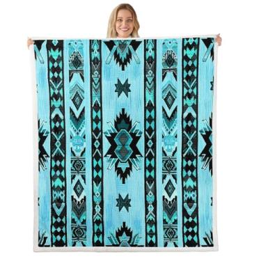 Imagem de Feelyou Cobertor de lã azul do sudoeste para bebê, 76 x 101 cm, cobertor geométrico de pelúcia para cama, sofá, tribal, nativo americano, design indiano, estilo exótico, manta de lã de ovelha