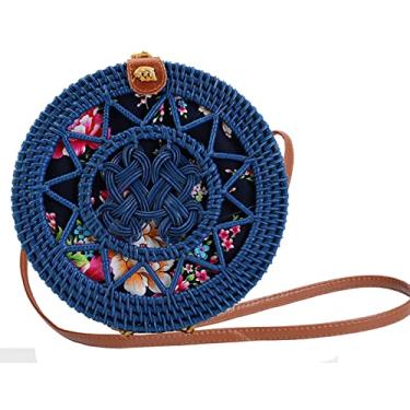 Imagem de SHAREYOIU Candy Colors Bolsas de ombro redondas de vime feitas à mão, estilo praia tropical natural chique com alça de couro, nº 3 - sol azul, Big，7.87x 3.2 inch