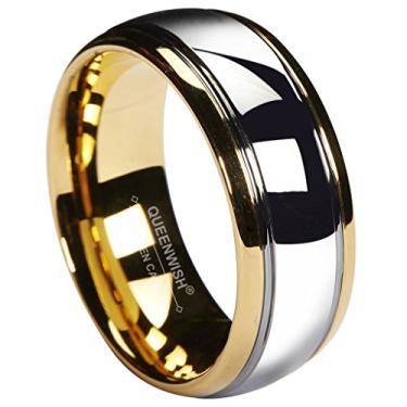 Imagem de QUEENWISH Aliança de casamento de carboneto de tungstênio combinando 6/8 mm ouro prata cúpula bronze anel de noivado feminino masculino joia tamanho 5-14, Carboneto de tungstênio, Sem pedra preciosa