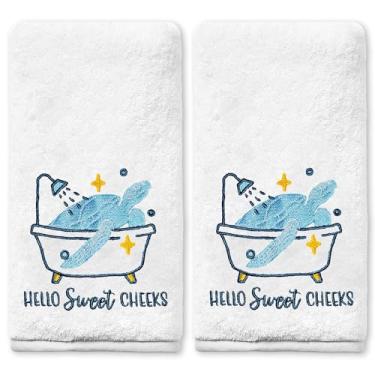 Imagem de Yanhuecui Toalhas de mão de tartaruga marinha para decoração de banheiro, conjunto de 2, presentes de tartaruga marinha para mulheres, Hello Sweet Cheeks Toalhas bordadas de algodão para cozinha 35 x