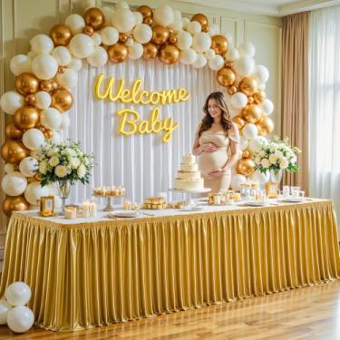 Imagem de Wish Care Saia de mesa dourada de cetim de 5,2 m para mesas retangulares, sem rugas, com glitter, toalha de mesa plissada, para casamento, aniversário, formatura, coquetel, buffet, decoração de mesa