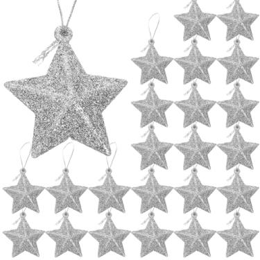 Imagem de 24 peças de pingente de estrela para árvore de Natal 5 cm PVC mini estrela prata enfeites de Natal de plástico glitter estrelas penduradas prata enfeites de Natal para árvore de Natal, casa, festa