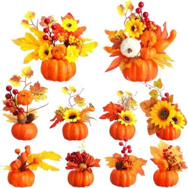 Imagem de Giegxin 10 peças de plantas falsas em vasos de outono decoração de outono plantas artificiais de ação de graças com abóbora, girassol, folha de bordo, pinha para decoração de colheita de outono
