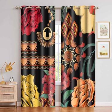 Imagem de MIZSYE Cortinas pretas boho florais vintage coloridas rosa blackout para sala de estar, quarto, impressão botânica, cortinas térmicas à prova de som, 203 cm de comprimento, conjunto de 2 painéis