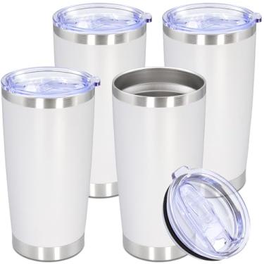Imagem de Copo de aço inoxidável de 590 ml com tampa, caneca de viagem de parede dupla isolada a vácuo, durável, revestida em pó, caneca para bebidas quentes e frias, branca, pacote com 4