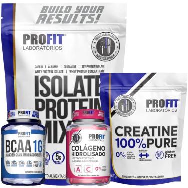 Imagem de WHEY ISOLADO 900G l CREATINA PURA 250G l COLÁGENO HIDROLISADO 150 CÁPSULAS l BCAA 60 TABS l PROFIT-Unissex