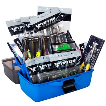 Imagem de Vipfish Caixa de equipamento de pesca com equipamento incluído, iscas, ganchos, pesos, kit de equipamento de pesca de água doce de 3 camadas para robalo truta Walleye, equipamento de pesca, presente