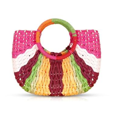 Imagem de Bolsa de praia, sacola feminina, bolsa de tecido à mão com semicírculo colorido, bolsa de palha adequada para viagens, férias, trabalho, combinação diária (estilo 1), Multicor, One Size