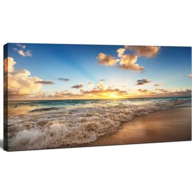 Imagem de Arte de parede de praia grande para sala de estar pintura em tela costeira - imagem do nascer do sol oceano natureza paisagem marítima impressão de pôster para decoração de quarto de escritório 51 x