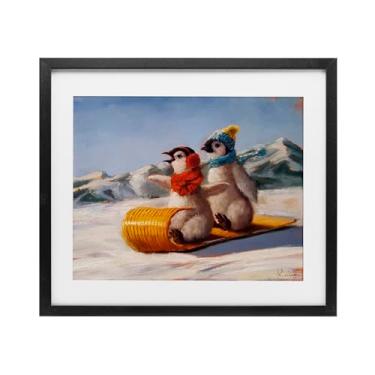 Imagem de Stupell Industries Toboggan Sleigh Ride Penguins Impressão emoldurada preta sob vidro design por Lucia Heffernan, 17 x 21