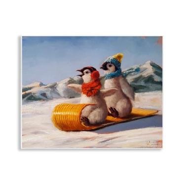 Imagem de Stupell Industries Placa de parede Toboggan Sleigh Ride Penguins Design de Lucia Heffernan, 28 x 35 cm
