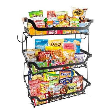 Imagem de Yomjarl Organizador de piso de despensa de 3 camadas e carrinho de armazenamento com rodas, cesta empilhável de exibição de lanche de arame de metal para organizadores de despensa de cozinha e