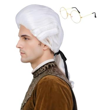 Imagem de Bettecos Peruca masculina juíza colonial com óculos longa branca em pó ondulada fantasia cosplay perucas de festa de Halloween (branca)