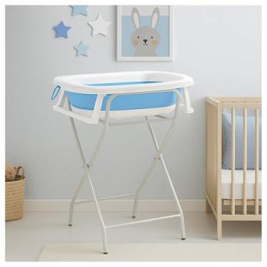 Imagem de PIPDIP Kit Banheira Portátil Dobrável Infantil, Modelo 3 em 1, Com Encosto, Capacidade de até 44 Litros, Suporte de Altura, Portátil, Plástico e Borracha e Ferro, Branco e Azul.