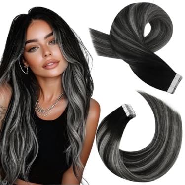 Imagem de Moresoo Extensões de cabelo humano fita adesiva para extensões de cabelo humano 50 cm balayage preto e prata fita em cabelo real 20 peças 50 g fita de cabelo liso em extensões de cabelo humano moda