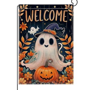 Imagem de Bandeira de jardim de Halloween, 30,5 x 45,7 cm, design de abóbora fantasma dupla face, outono, outono, estopa para jardim, exterior, decoração de casa