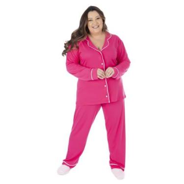 Imagem de Pijama Feminino Americano Plus Size Manga Longa Calça Adulto Meia Malh