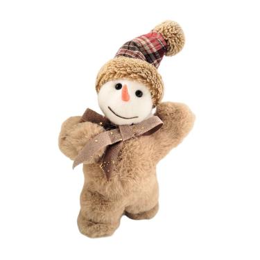 Imagem de Boneco de Neve Natalino Decorativo Pelúcia Marrom Claro Gorro Xadrez e Nariz de Cenoura 20cm
