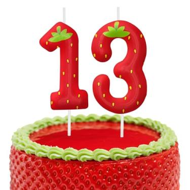 Imagem de Velas de aniversário de morango, decoração de topo de bolo de 6 cm, número 13 velas, decorações de aniversário, decorações de bolo de festa de aniversário, suprimentos de festa