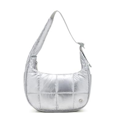 Imagem de WESTBRONCO Bolsa de ombro pequena Puffer Crescent para mulheres, bolsas de ombro acolchoadas de nylon, bolsas fofas com alça ajustável, Prata