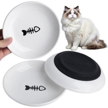 Imagem de Conjunto de 3 tigelas de comida de gato, tigelas de cerâmica para gatos, antibigode fadiga, conjunto de tigelas para gatos, 14 cm, pratos largos e rasos com base de silicone para alimentos úmidos