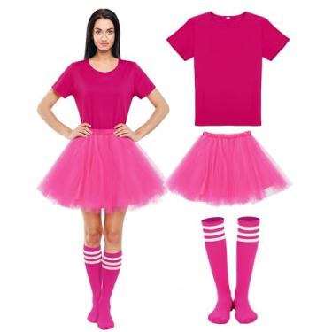 Imagem de Shyyween 3 peças de fantasia feminina tutu doce de tutu para adultos tule, saia tule, meias tubulares, camisa para festa cosplay da equipe dos anos 80, M-G (rosa choque)
