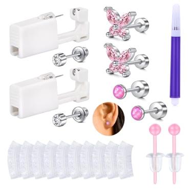 Imagem de AVYRING Pistola de piercing de orelha, kit de piercing de orelha de 2 mm, kit de piercing de orelha descartável, brincos hipoalergênicos rosa, kit de pistola de piercing de orelha auto em casa, 20 g
