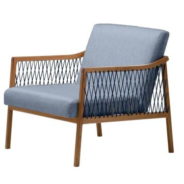 Imagem de Poltrona com braço Acaé Linho Azul Madeira Cedro Corda Náutica Chata Poliéster Azul