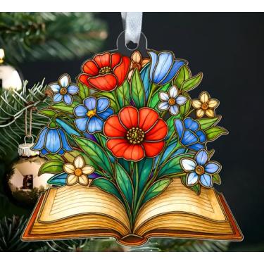 Imagem de MWS9xDesigns Enfeite de Natal de acrílico com flores - Cena literária com aparência de vitral - Lembrança de Natal - Decoração de árvore de Natal - Presente para amantes de livros