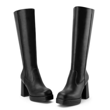 Imagem de Oh Mispares Botas femininas estilo Gogo de salto alto grosso, salto alto, com zíper, couro, bico quadrado, clássico, outono, botas altas, Preto, 35