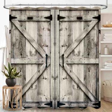 Imagem de TKUYO Cortina de chuveiro para porta de celeiro, tábua de madeira rústica para casa de fazenda, portão de garagem de celeiro ocidental, vintage, rústico, tecido impermeável, conjunto de cortina de