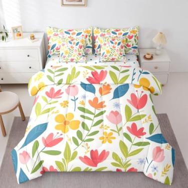 Imagem de Erosebridal Jogo de cama de 7 peças, solteiro, rosa, tulipa com lençol de jardim, flores, folhas, pétalas, azul, rosa, natural, para crianças, meninas e mulheres