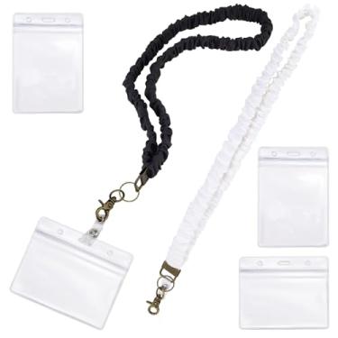 Imagem de Realand Pacote com 2 cordões elásticos elásticos para crachás de identificação e chaves, cordão de pescoço fofo para professor com porta-identidade, porta-cartões retrátil para mulheres, preto +