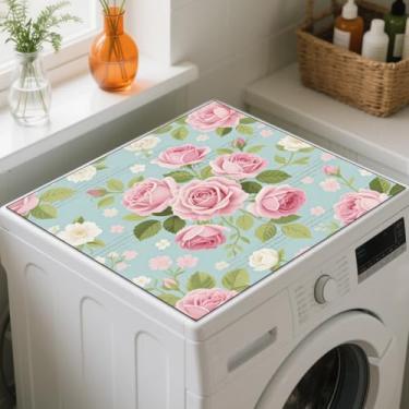 Imagem de GLOBLELAND Tapete vintage rosa para lavadora de roupas e secadora, capa contra poeira, 59,9 x 59,9 cm, flores retrô, protetor superior para máquina de lavar, almofadas antiderrapantes e secadoras